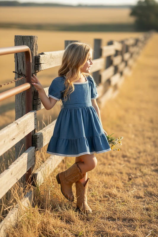 Denim blue Wide flare denim dress with white lace hem. DRG60290 JEAN: XS