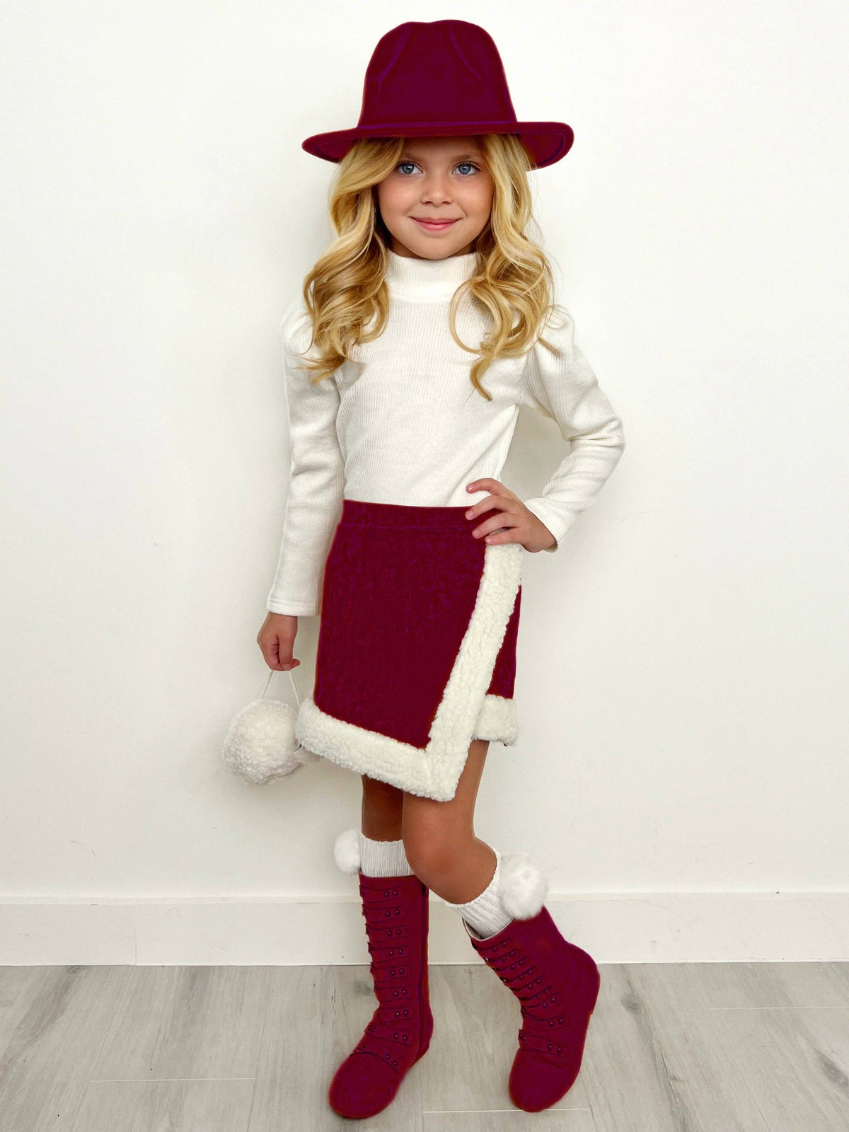 Cozy Long Sleeve Top and Faux Suede Berry Skort Set: Berry / 6Y/6X
