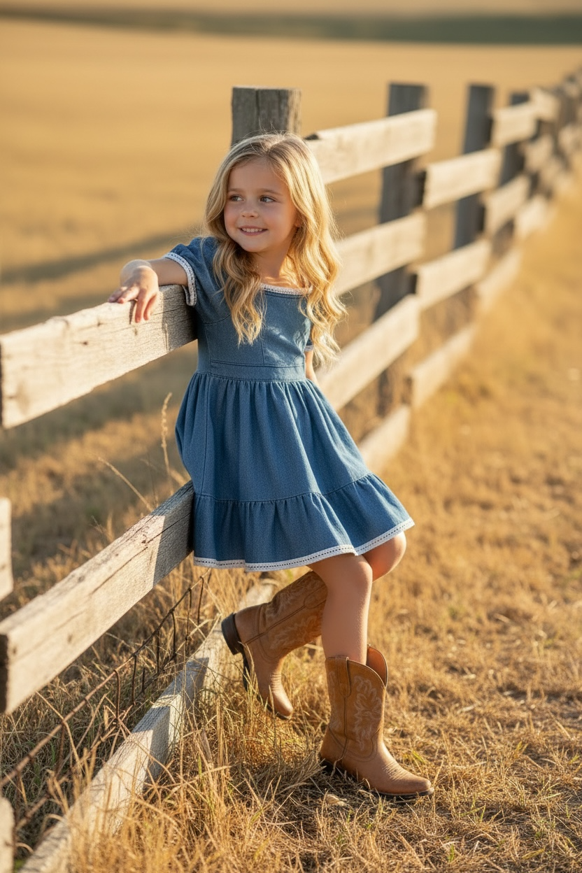 Denim blue Wide flare denim dress with white lace hem. DRG60290 JEAN: 2XS