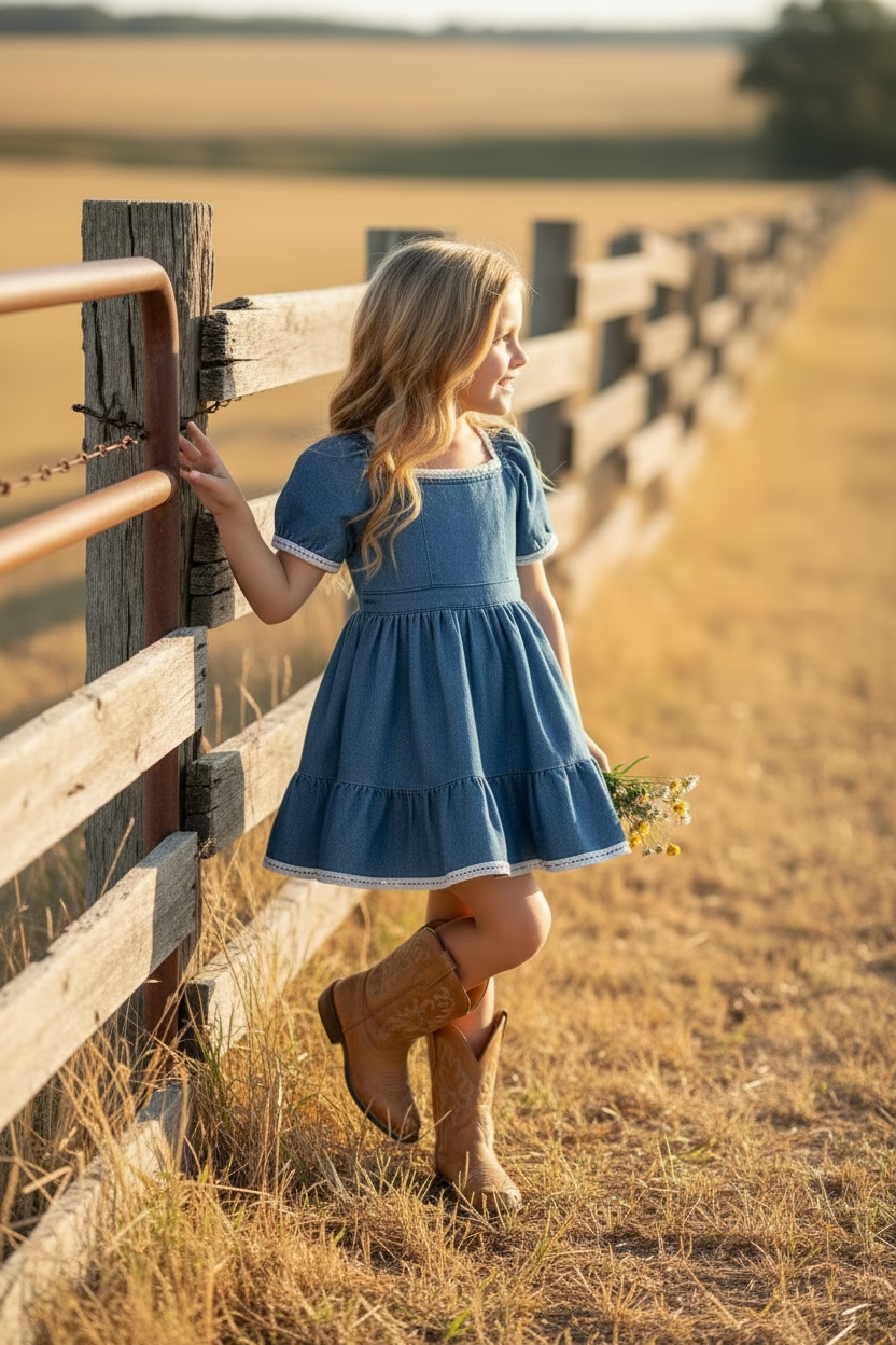 Denim blue Wide flare denim dress with white lace hem. DRG60290 JEAN: 2XS