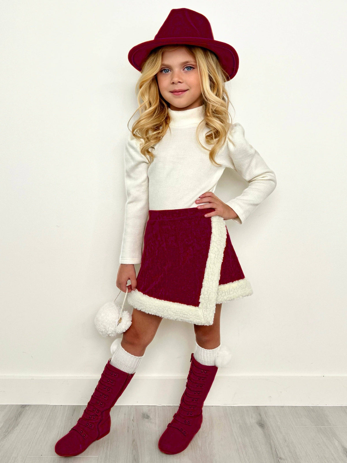 Cozy Long Sleeve Top and Faux Suede Berry Skort Set: Berry / 10Y/12Y