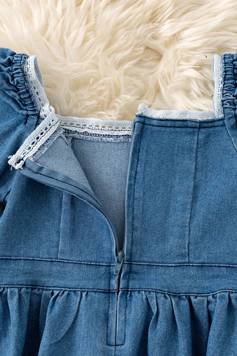 Denim blue Wide flare denim dress with white lace hem. DRG60290 JEAN: XS