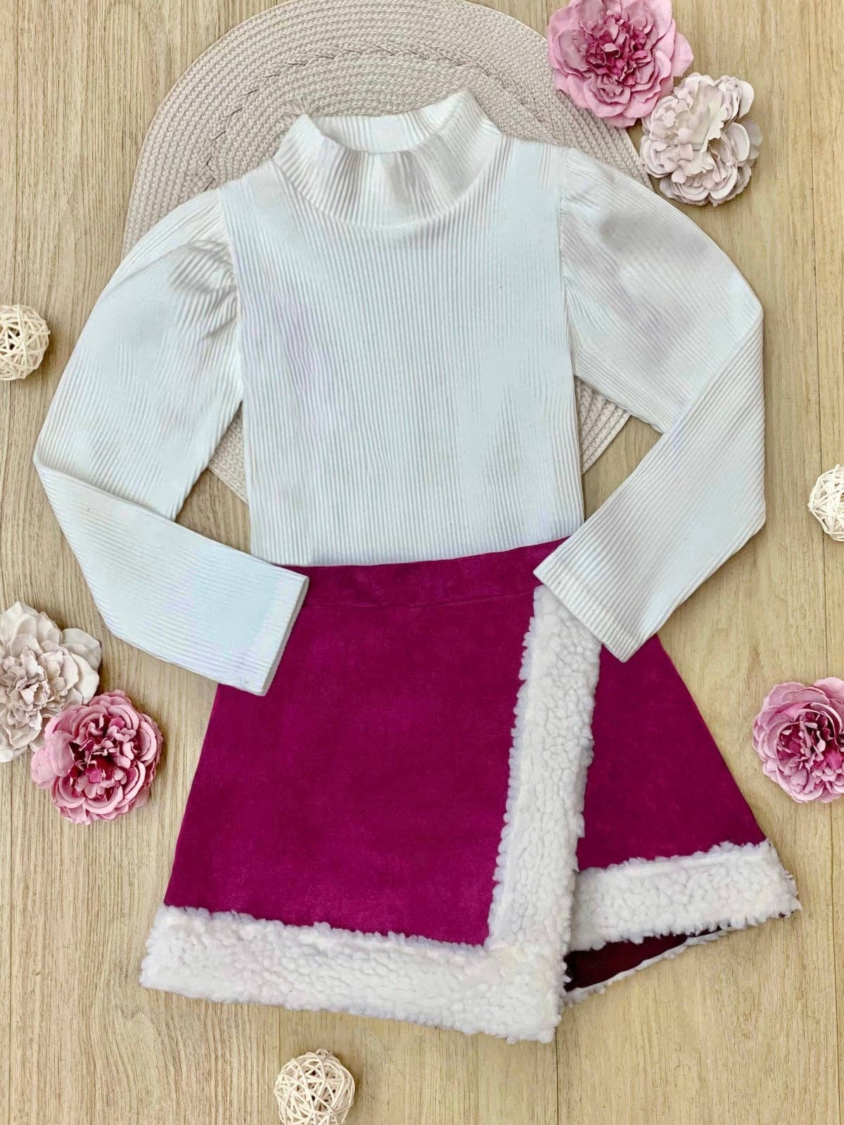 Cozy Long Sleeve Top and Faux Suede Berry Skort Set: Berry / 6Y/6X