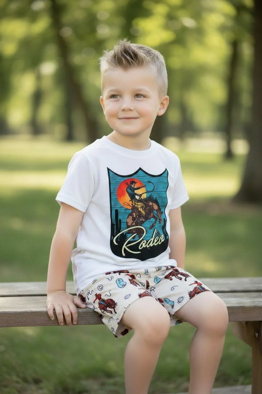 Rodeo white t-shirt with western shorts. LT-202012 JEAN: 6-7T