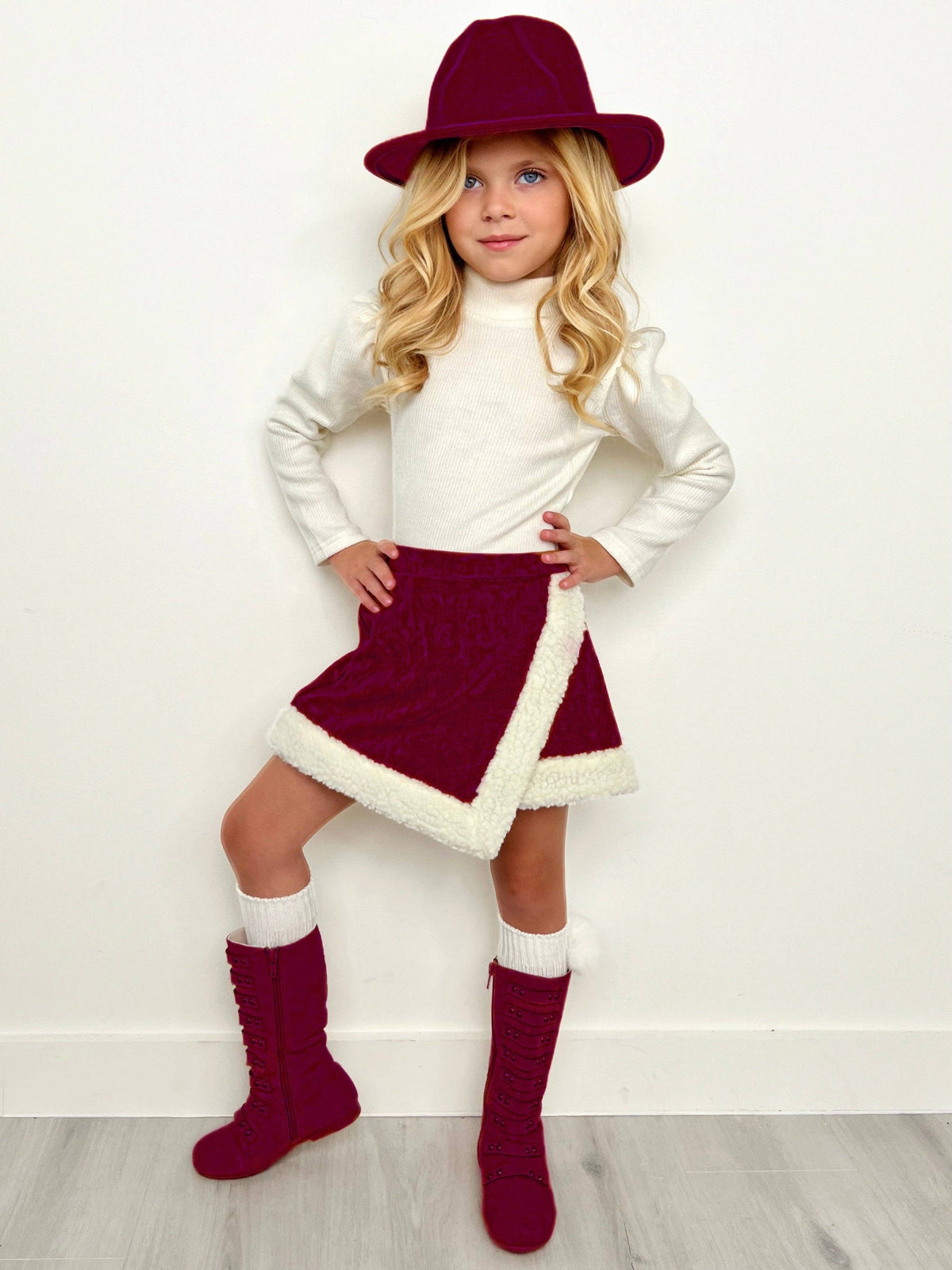 Cozy Long Sleeve Top and Faux Suede Berry Skort Set: Berry / 6Y/6X