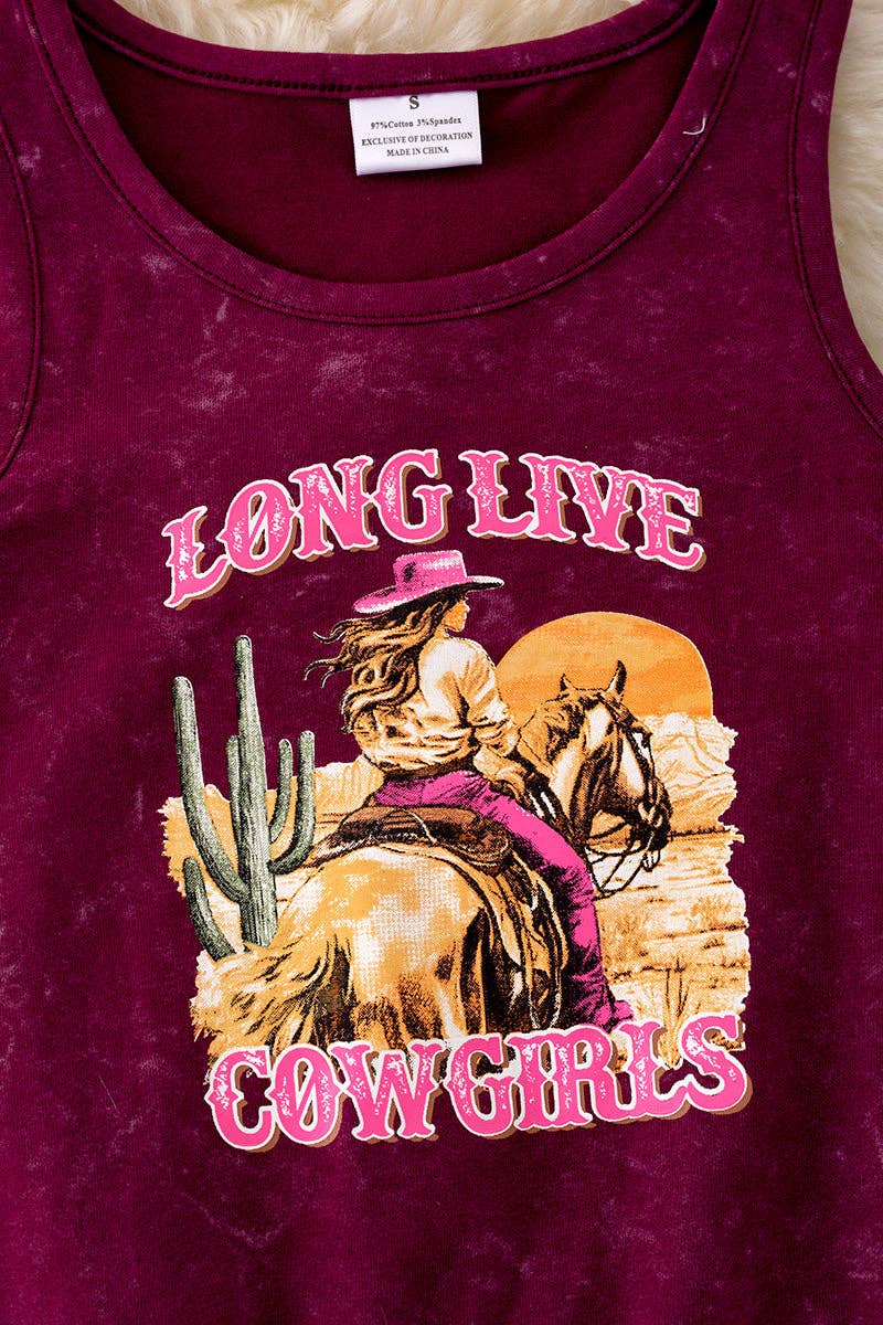 "Long live cowgirls" maroon graphic printed top w/fringe. TPG40429 SOL: 2XS