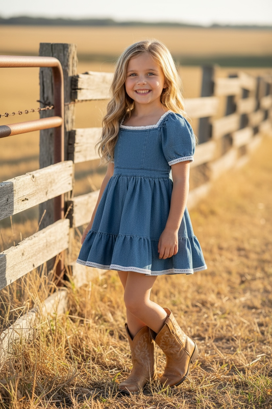 Denim blue Wide flare denim dress with white lace hem. DRG60290 JEAN: 2XS