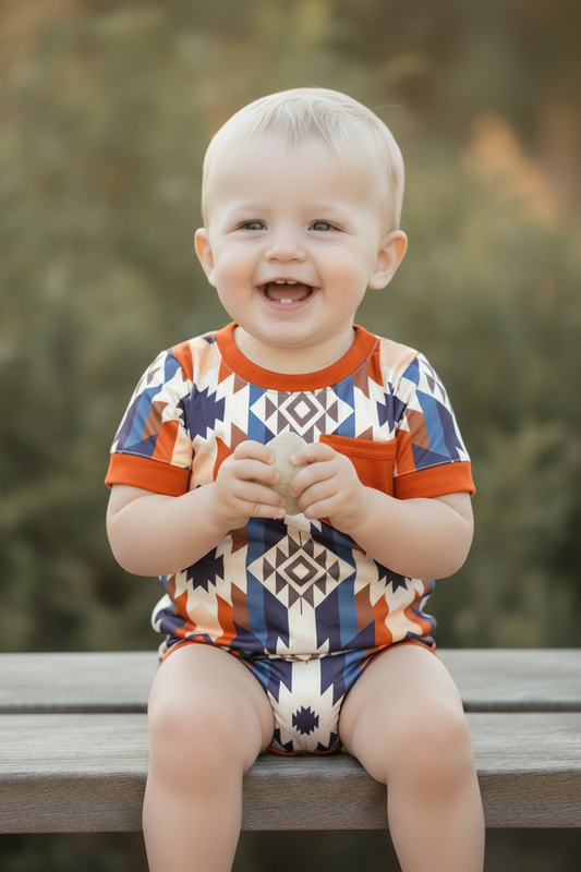 Boys multi-color Aztec Printed bodysuit. SR120207-jean: 3-6M