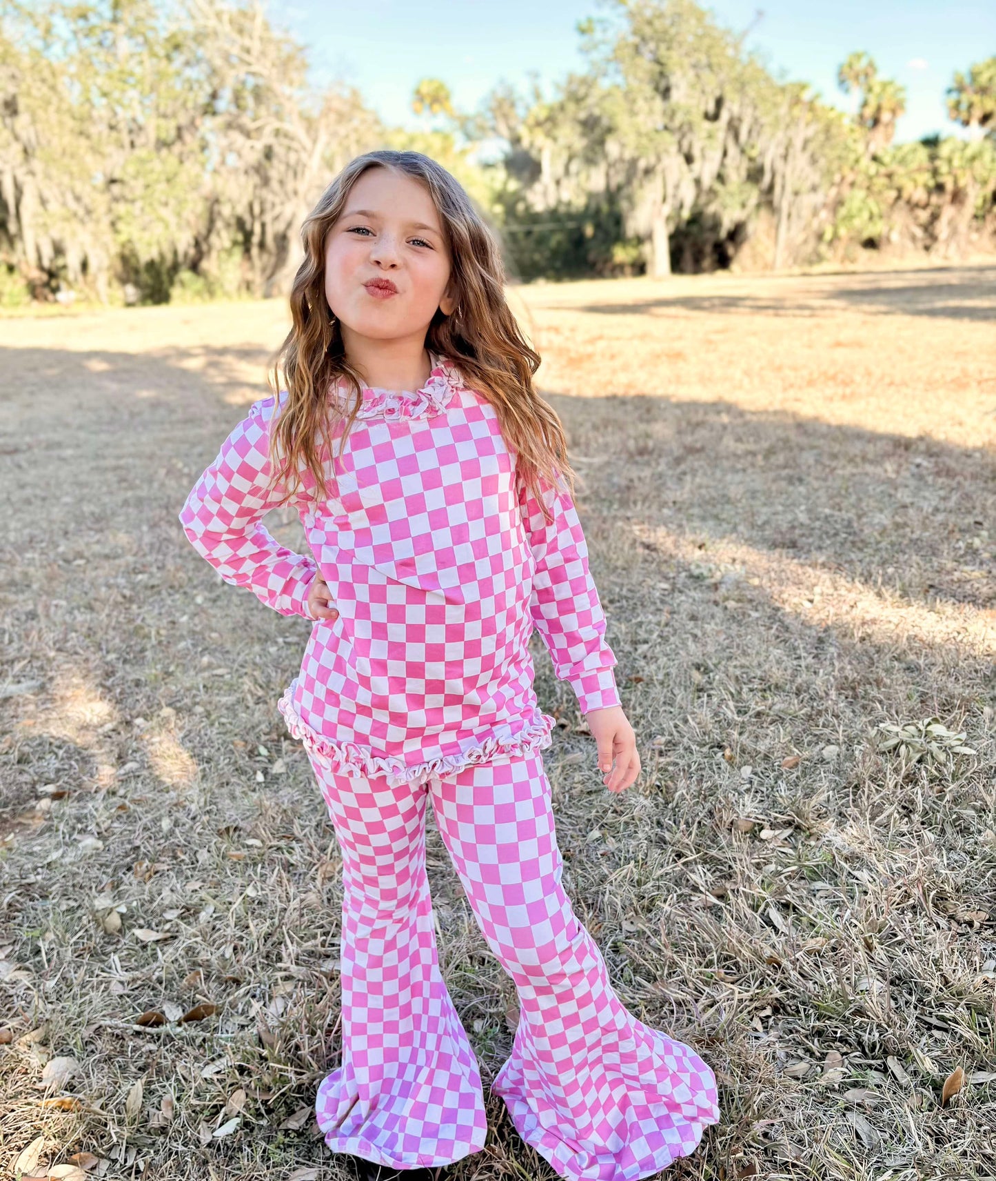 Pink Checkered Ruffled Set