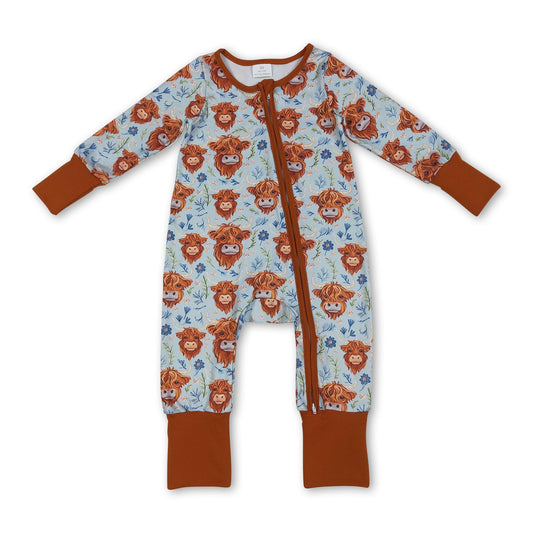 Highland cow floral western baby girls zipper romper