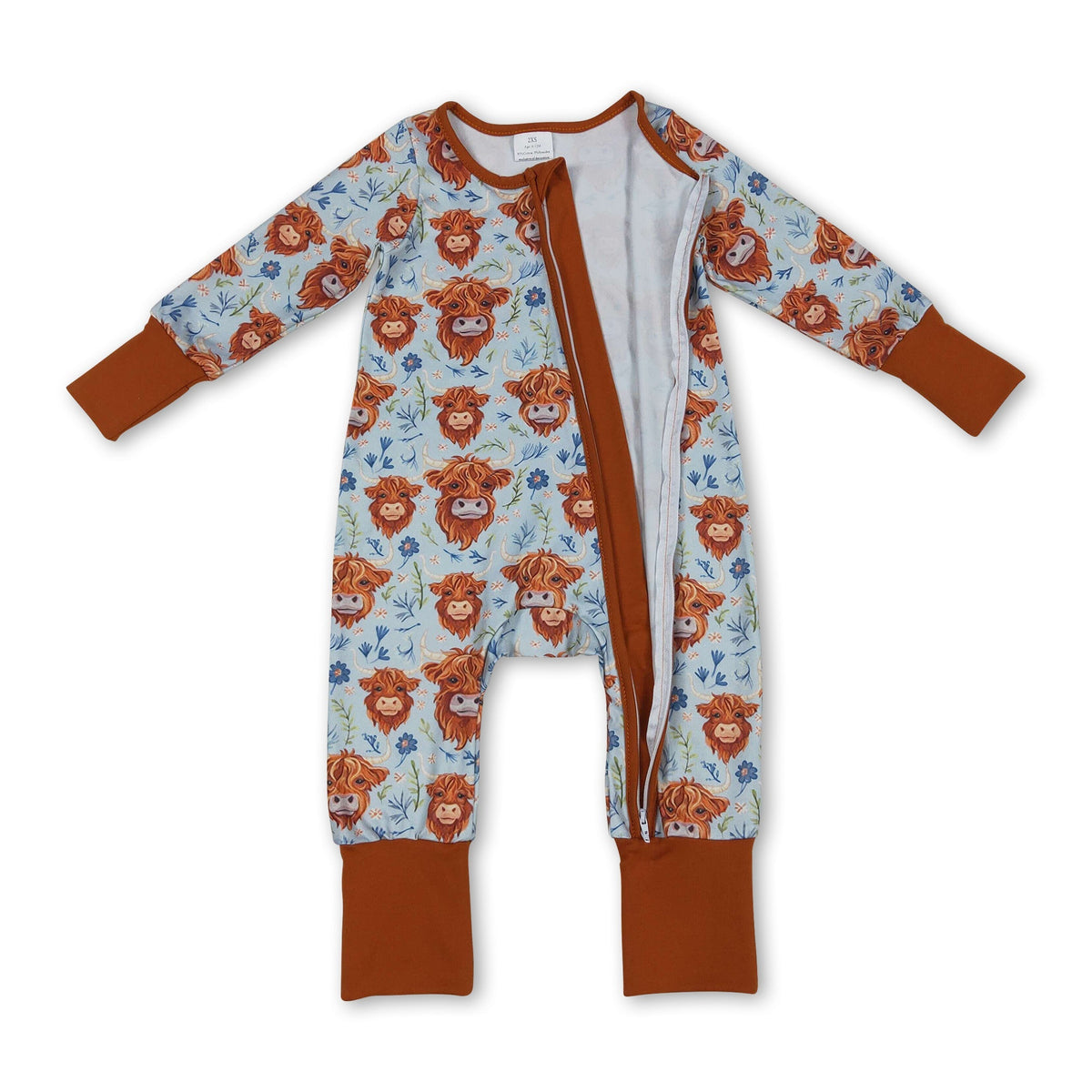 Highland cow floral western baby girls zipper romper