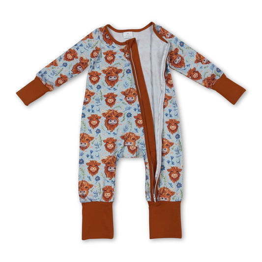 Highland cow floral western baby girls zipper romper