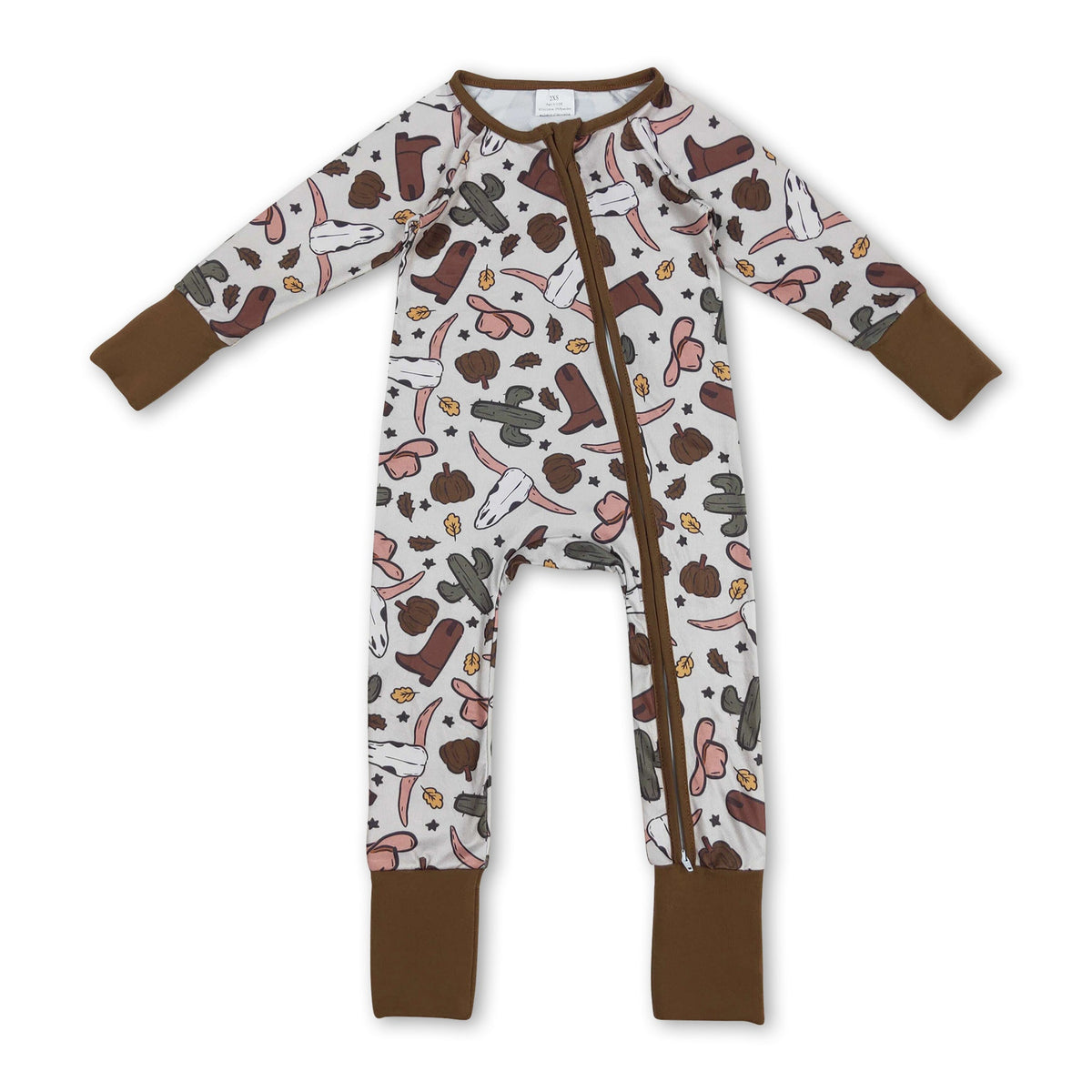 Bull skull cactus pumpkin boy western fall zipper romper