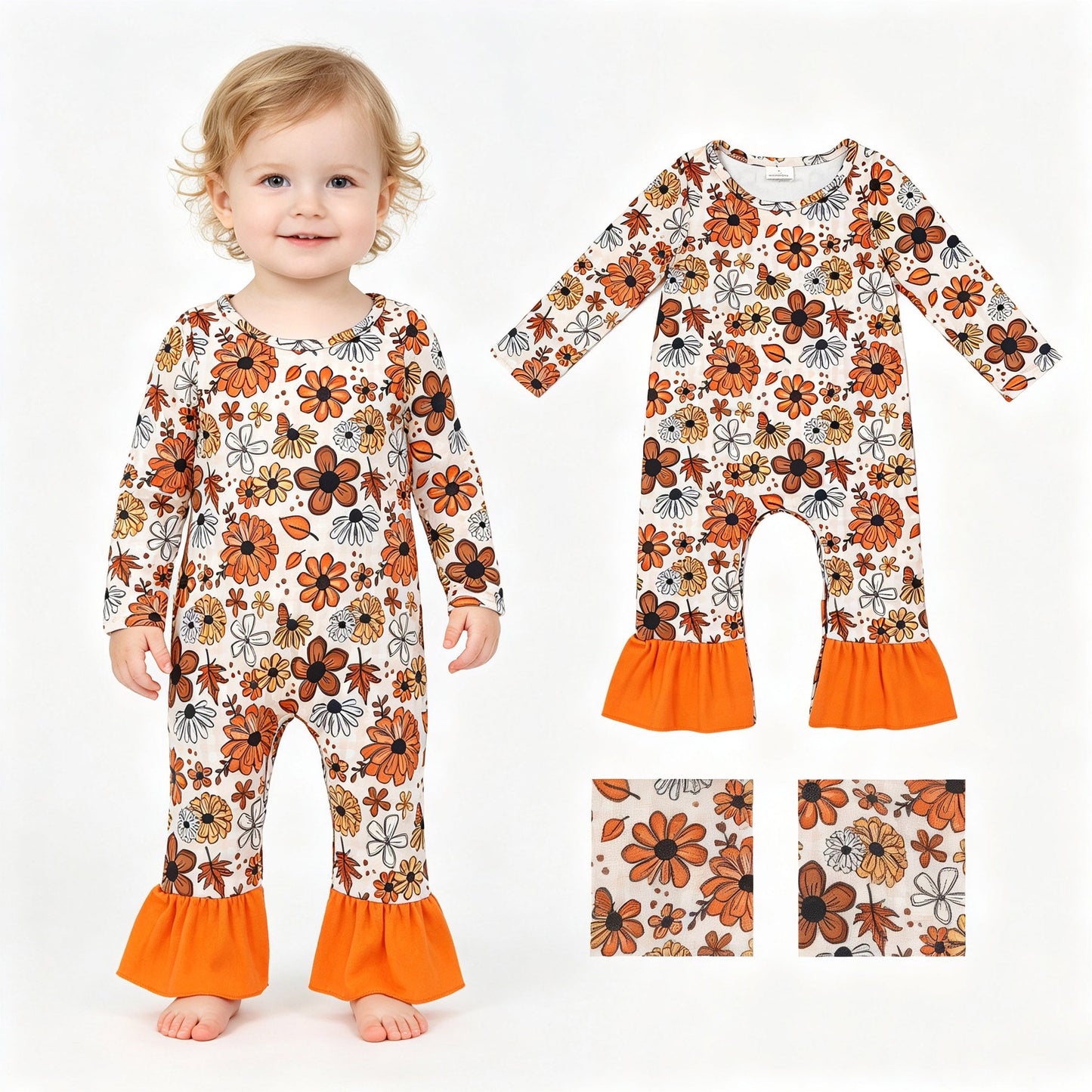 Orange ruffle floral long sleeves baby girls fall romper