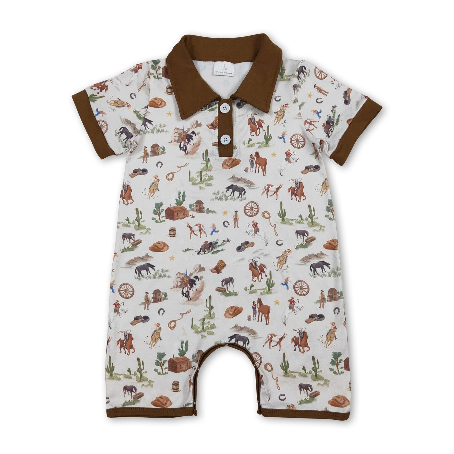 Short sleeves brown cactus rodeo western baby boy romper