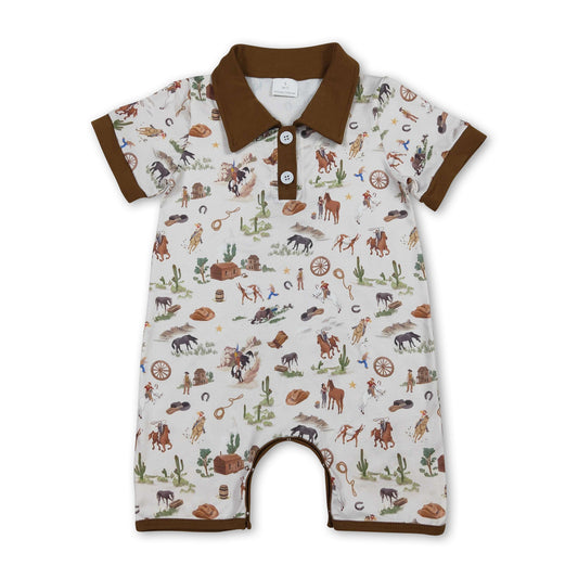 Short sleeves brown cactus rodeo western baby boy romper