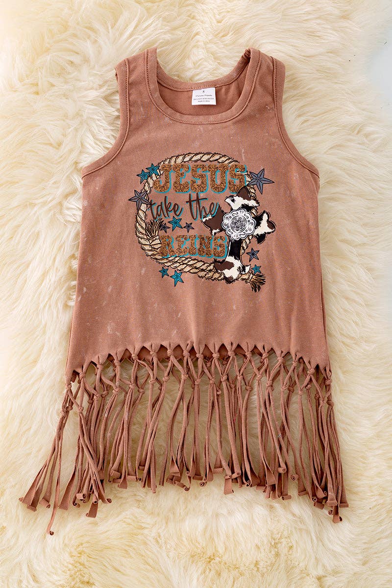 "Jesus take the reins" Washed brown tank top w/tassels. TPG40428 AMY: 2XS