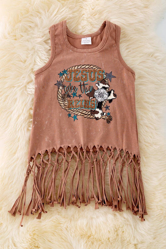 "Jesus take the reins" Washed brown tank top w/tassels. TPG40428 AMY: 2XS