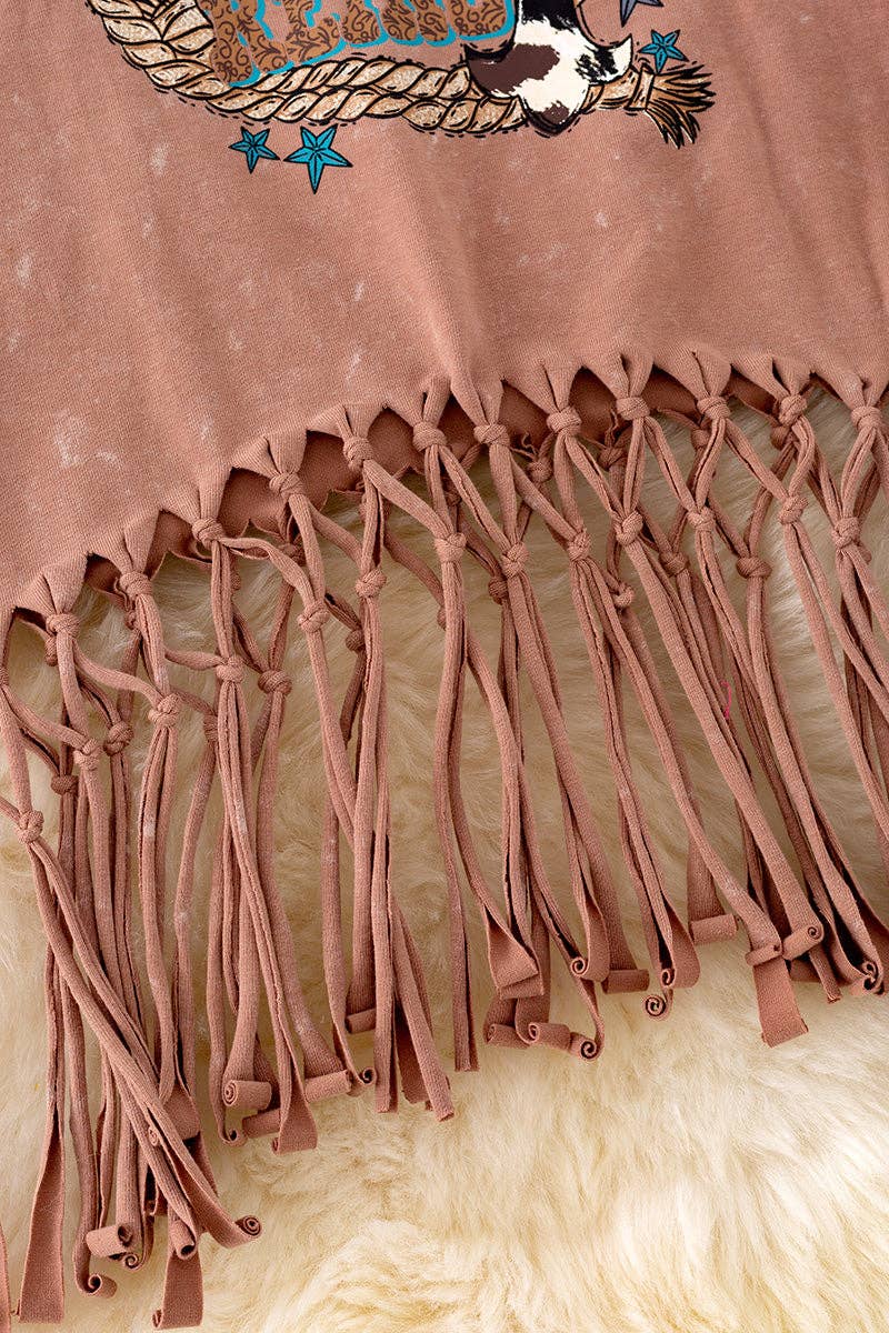"Jesus take the reins" Washed brown tank top w/tassels. TPG40428 AMY: 2XS