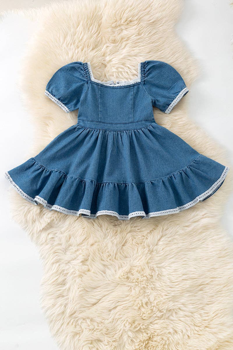 Denim blue Wide flare denim dress with white lace hem. DRG60290 JEAN: XS