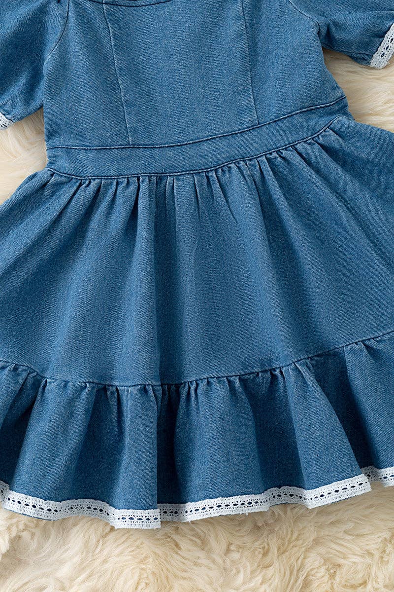Denim blue Wide flare denim dress with white lace hem. DRG60290 JEAN: XS