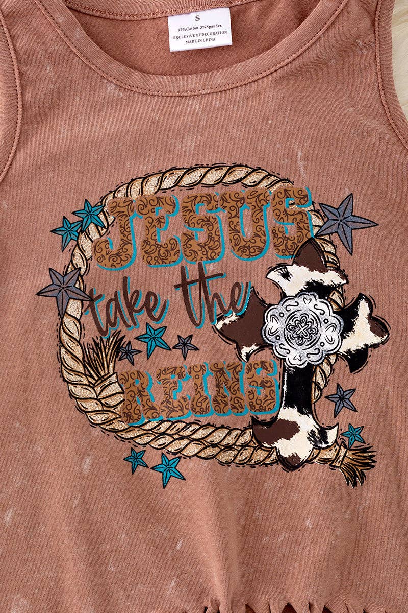 "Jesus take the reins" Washed brown tank top w/tassels. TPG40428 AMY: 2XS